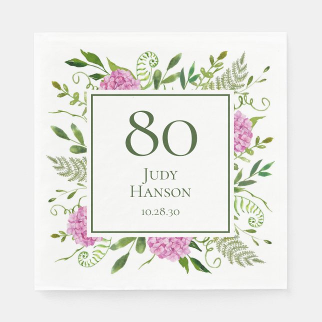 Serviette En Papier Hydrangeas roses pour 80e anniversaire (Devant)