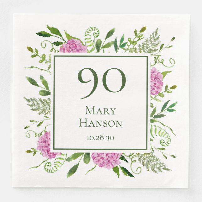 Serviette En Papier Hydrangeas roses pour 90e anniversaire (Devant)