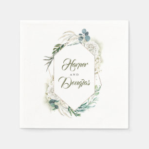 Serviette En Papier Hydrangée blanche géométrique et Mariage vert