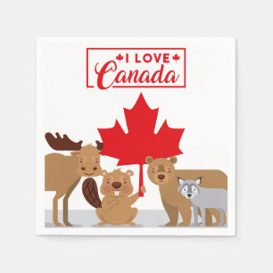 Serviette En Papier I Love Canada Moose Beaver Bear Wolf   Fête du Can