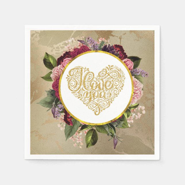 Serviette En Papier I Love You Fancy Golden Ornate (Devant)