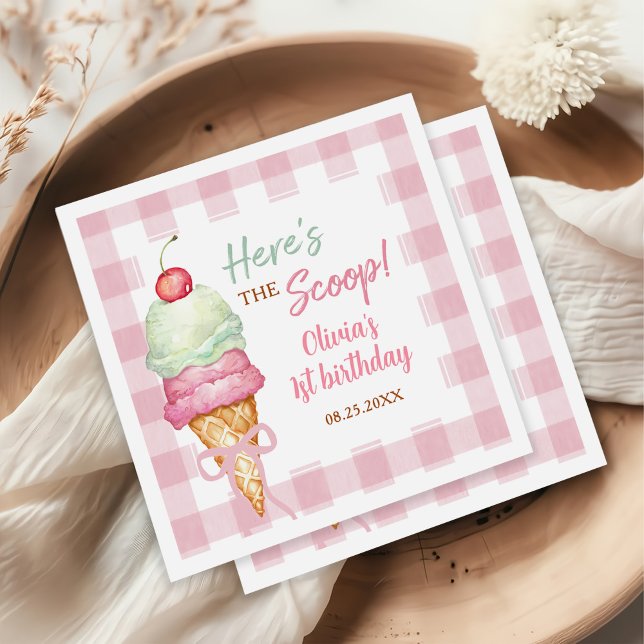 Serviette En Papier Ice Cream Pink Bow Gingham Birthday Party (Créateur téléchargé)
