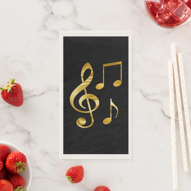 Serviette En Papier Icônes musicales, or sur noir, (En situation)