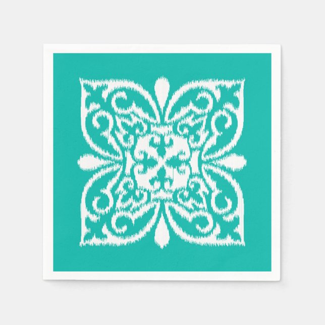 Serviette En Papier Ikat damask motif - turquoise et blanc (Devant)
