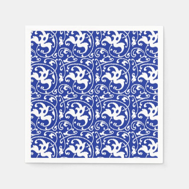 Serviette En Papier Ikat Floral Damask - Cobalt bleu et blanc (Devant)