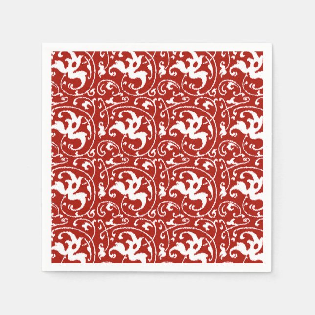 Serviette En Papier Ikat Floral Damask - Rouge foncé et blanc (Devant)