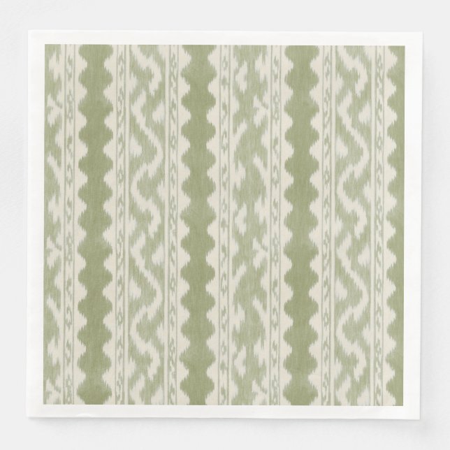 Serviette En Papier Ikat Vert Sauge, Rayure de Table Évasée (Devant)