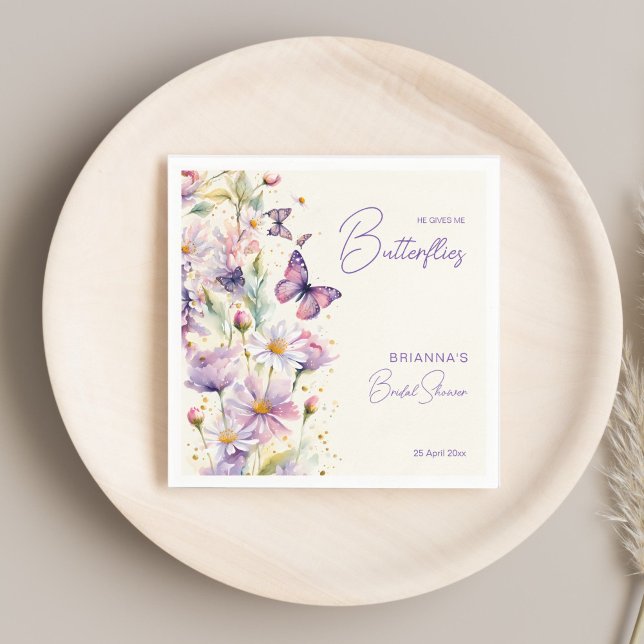 Serviette En Papier Il me donne des papillons dans l'estomac enterreme (He gives me butterflies pastel lavender enchanted garden bridal shower printed template napkins )