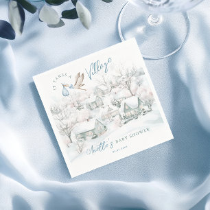 Serviette En Papier Il prend un Baby shower de cigogne de village bleu
