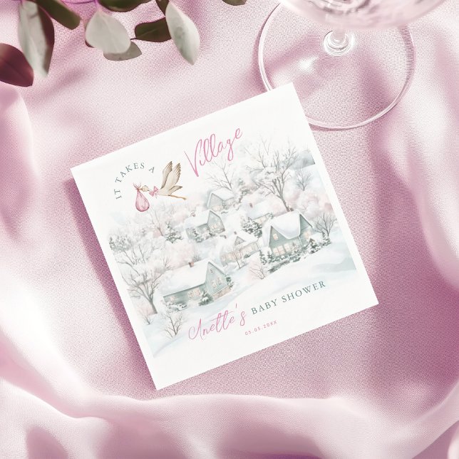 Serviette En Papier Il prend un Baby shower de cigogne rose village (Créateur téléchargé)