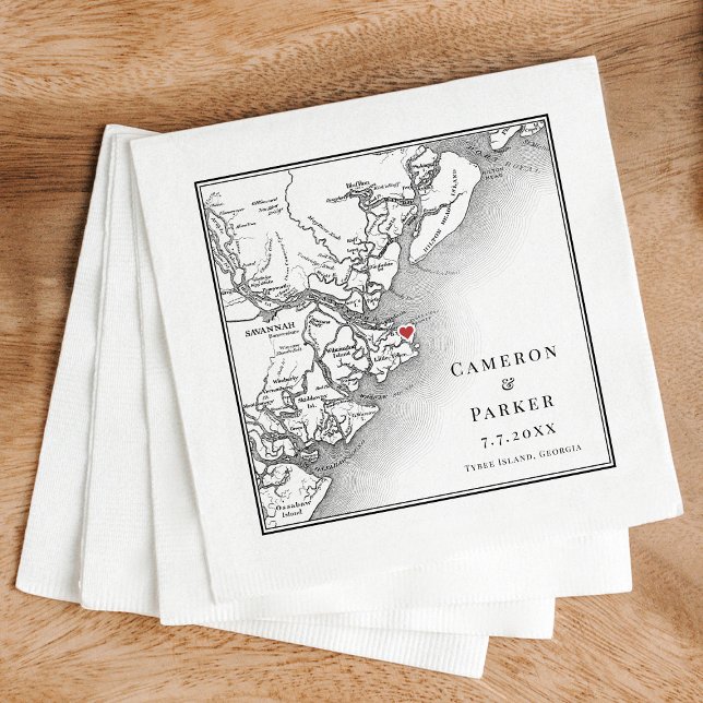 Serviette En Papier Île Tybee Géorgie Carte Mariage élégant (Elegant Tybee Island Georgia Wedding cocktail napkins with black and white map )