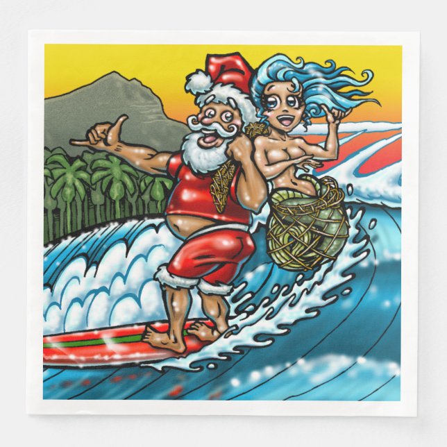 Serviette En Papier Illustration Blue Christmas Hawaiian Surfing Père  (Devant)