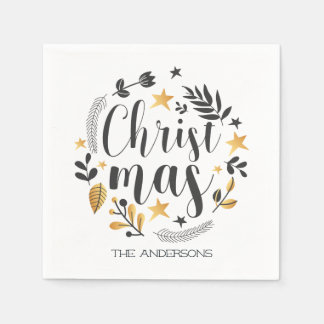 Serviette En Papier illustration botanique noire et or Noël