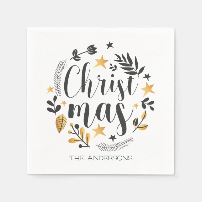 Serviette En Papier illustration botanique noire et or Noël (Devant)