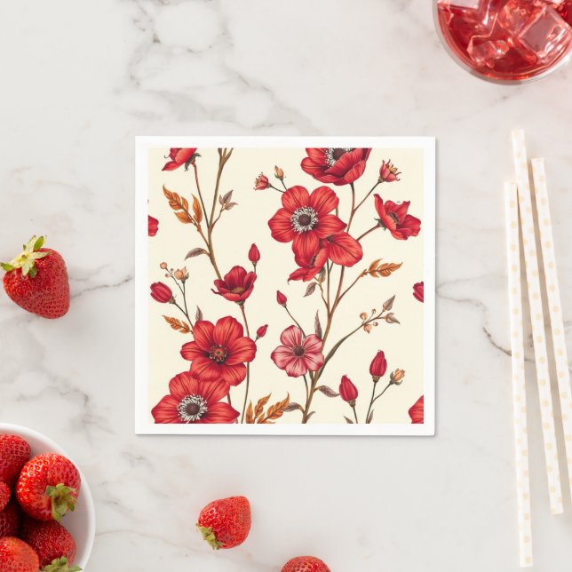 Serviette En Papier Illustration botanique rouge vibrant (En situation)