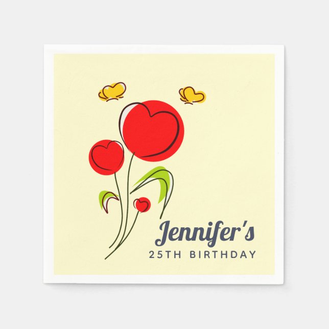 Serviette En Papier Illustration d'anniversaire des fleurs du coeur ro (Devant)