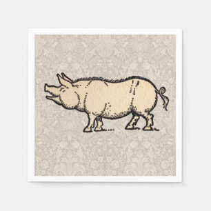 Serviette En Papier Illustration de cochon antique mignon vintage