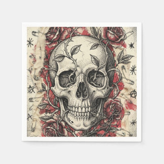 Serviette En Papier Illustration de crâne et de roses Grunge Punk