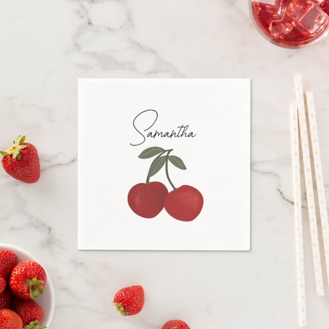 Serviette En Papier Illustration de deux cerises rouges | Art de fruit (En situation)