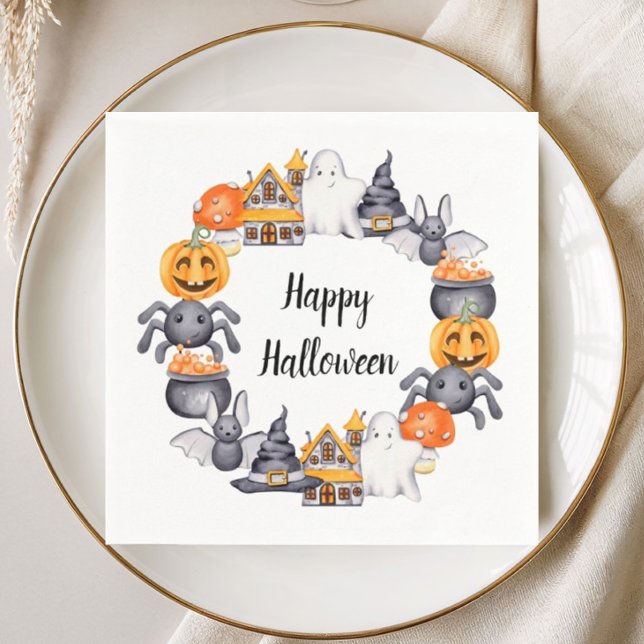 Serviette En Papier Illustration de fête d'Halloween joyeuse et mignon (Cute Happy Halloween Illustration Party Napkins)
