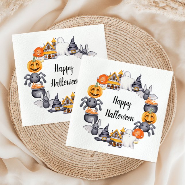Serviette En Papier Illustration de fête d'Halloween joyeuse et mignon (Cute Happy Halloween Illustration Party Napkins)