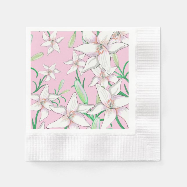 Serviette En Papier Illustration de lys blancs sur fond rose   (Devant)