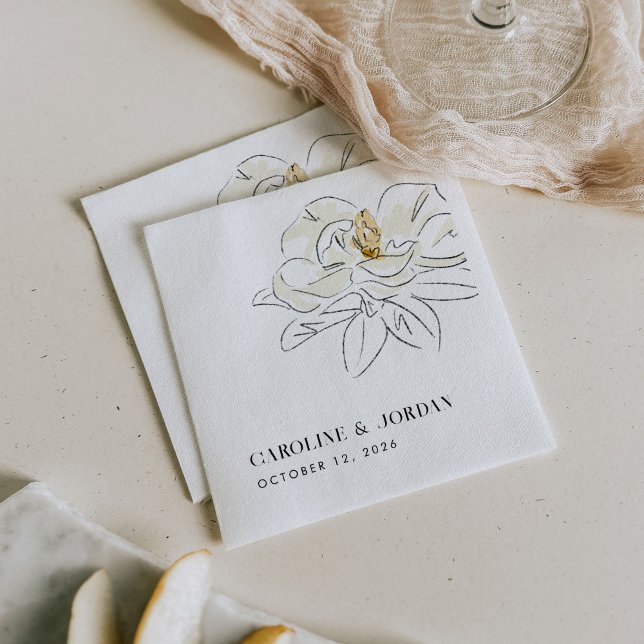 Serviette En Papier Illustration de Magnolia blanc Mariage minimal mod (Elegant Southern-inspired white magnolia illustration wedding paper napkins.)