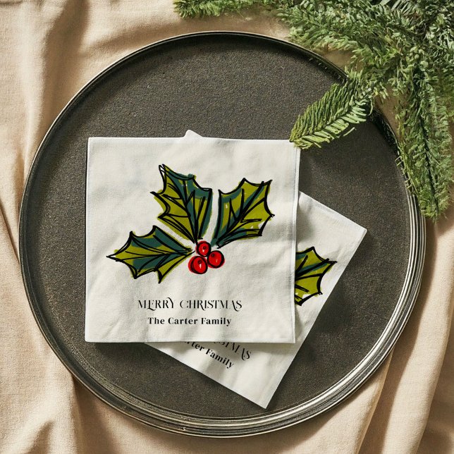 Serviette En Papier Illustration de Noël de Holly Berries (Holly Berries Watercolor Christmas Sketch Illustration Holiday Party Napkins)