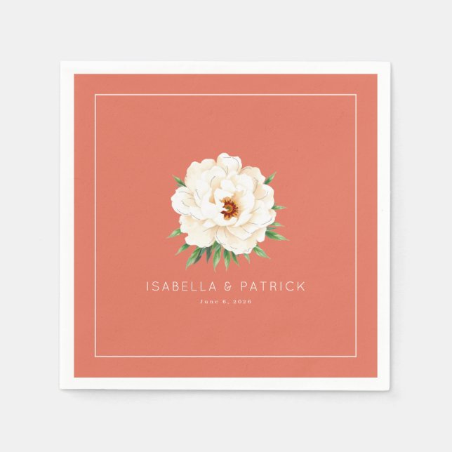 Serviette En Papier Illustration Florale Corail Élégant (Devant)