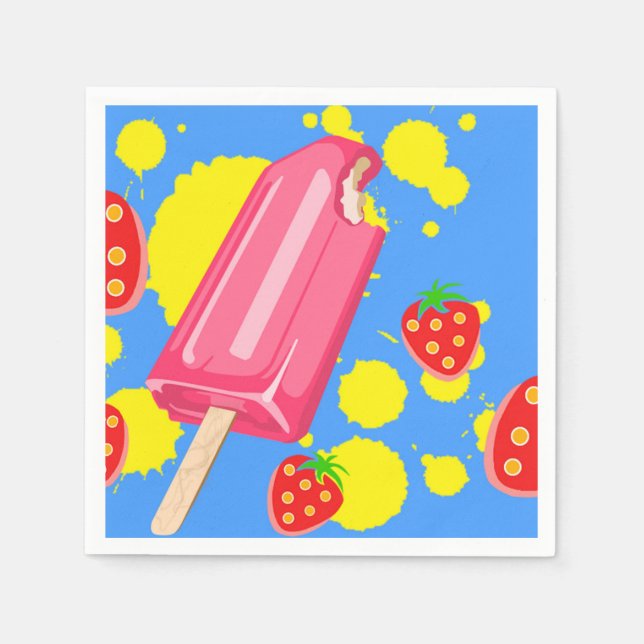 Serviette En Papier Illustration Fun Pink Popsicle and Strawberries (Devant)