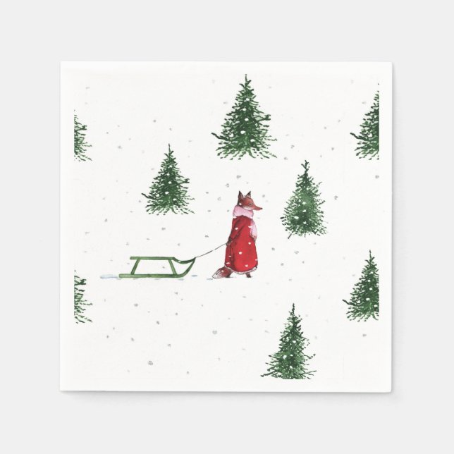 Serviette En Papier Illustration Noël hiver neige renard (Devant)
