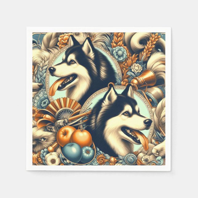 Serviette En Papier Illustration Retro Siberian Husky (Devant)