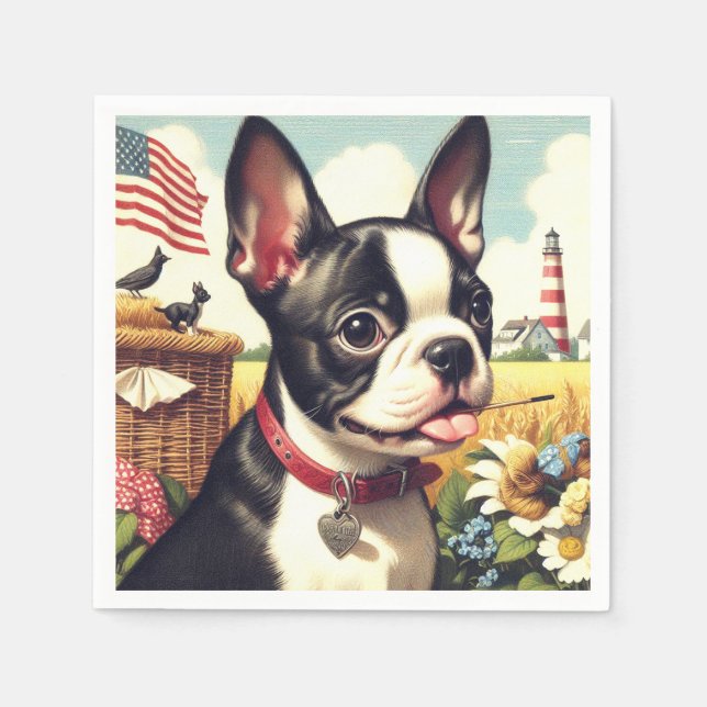 Serviette En Papier Illustration vintage Boston Terrier (Devant)