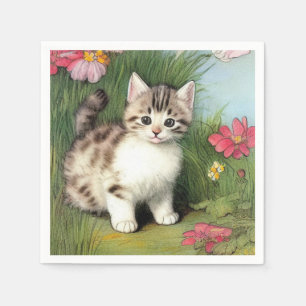 Serviette En Papier Illustration vintage de chat avec Fleurs rouges
