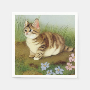 Serviette En Papier Illustration vintage Kitten avec fleurs