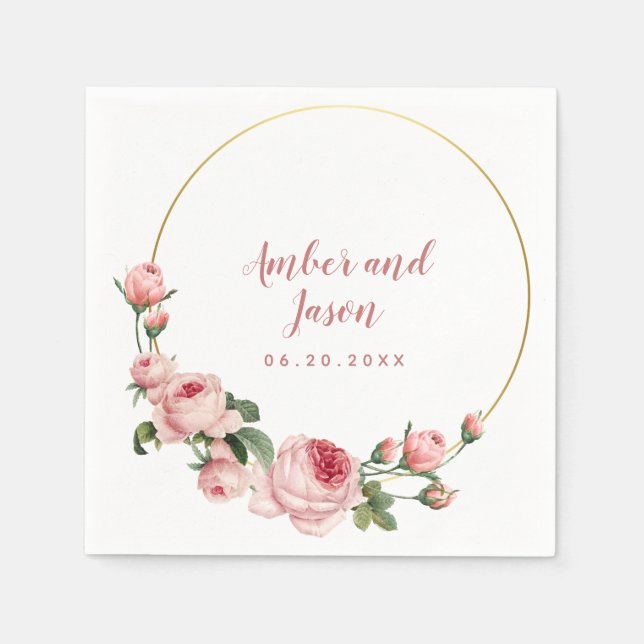 Serviette En Papier image botanique rose or cadre personnalisé (Devant)