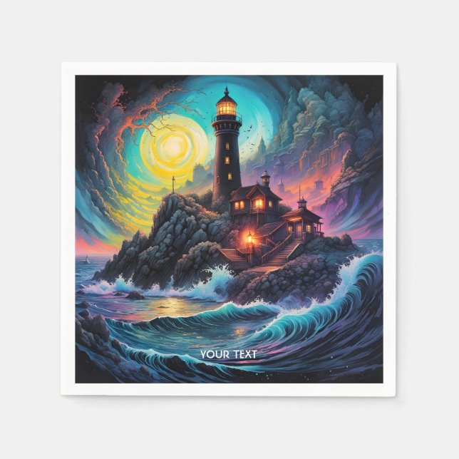 Serviette En Papier Imaginaire Cute Vivid Lighthouse nuit de mer (Devant)