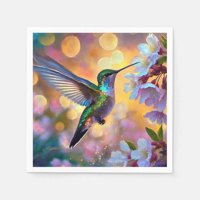 Serviette En Papier Imaginaire de cerisier en fleurs Hummingbird (Devant)