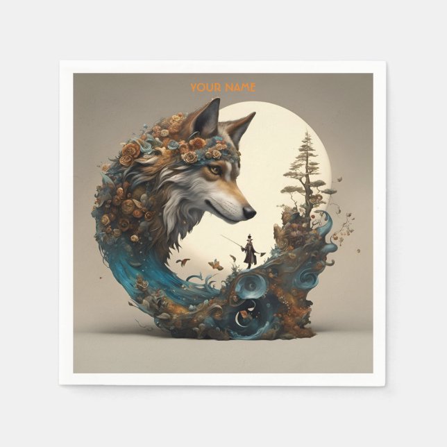 Serviette En Papier Imaginaire Fleurs Vivides mignonnes Assistant Wolf (Devant)