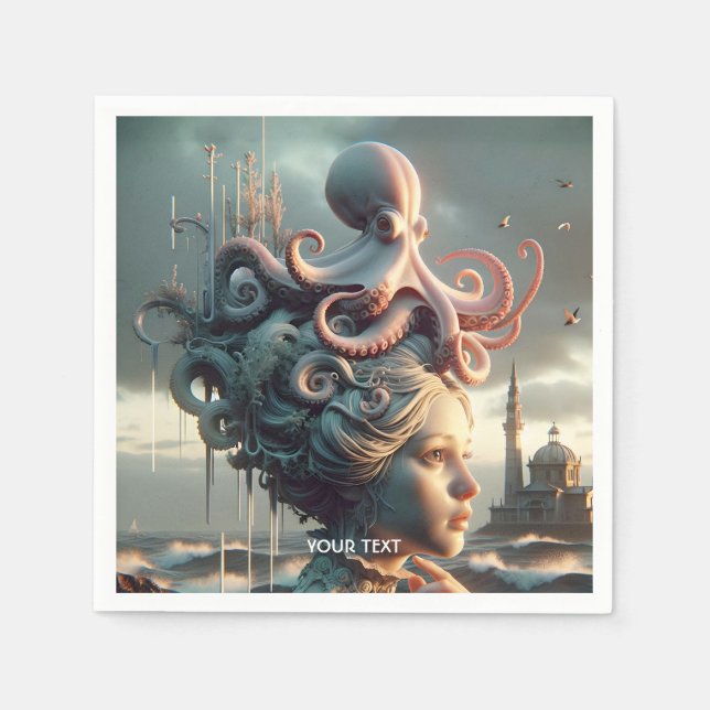 Serviette En Papier Imaginaire mignonne fille Octopus Mer (Devant)