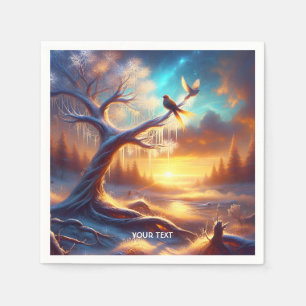 Serviette En Papier Imaginaire Oiseaux mignons Arbre couché de soleil