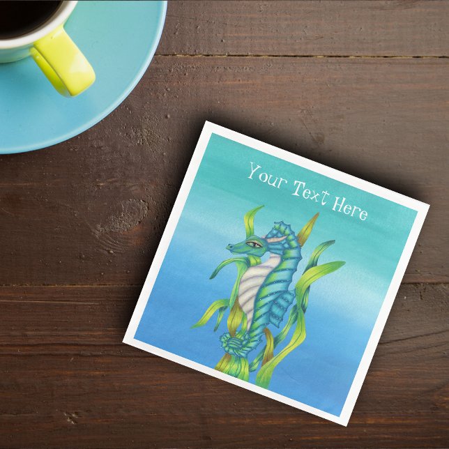 Serviette En Papier Imaginaire Sea Dragon Aqua Blue dans Seaweed sur b (Fantasy sea dragon in aqua blue with horns green seaweed on blue paper party napkin.)