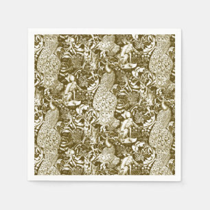 Serviette En Papier Impression de paon Art Nouveau, marron et crème