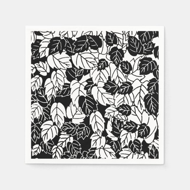 Serviette En Papier Impression feuille japonaise, noir et blanc (Devant)