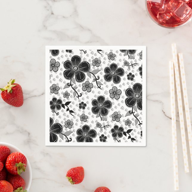Serviette En Papier Impression florale noir et blanc (En situation)