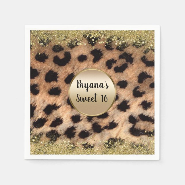 Serviette En Papier Imprimé animal léopard guépard paillettes or monog (Devant)
