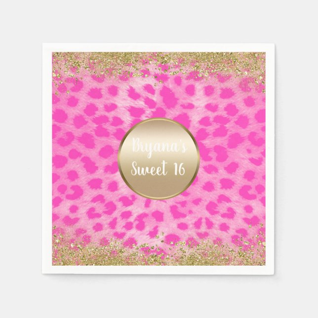 Serviette En Papier Imprimé léopard rose paillettes dorées monogramme (Devant)