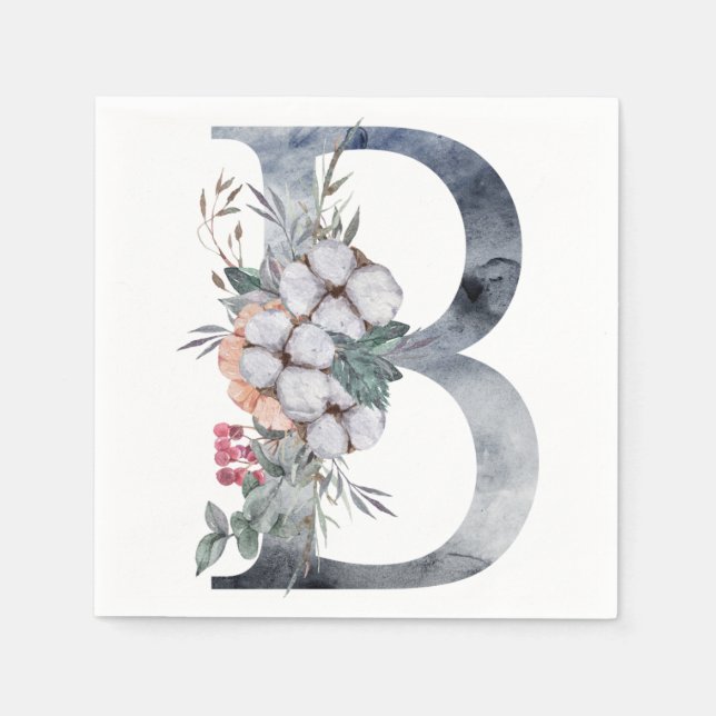 Serviette En Papier Initiale B Monogramme Floral Bleu (Devant)