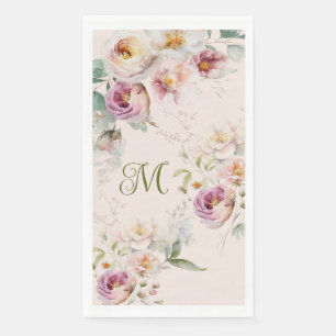 SERVIETTE EN PAPIER INITIALE MONOGRAMME FLEURALE ROSE AU POCHOIR