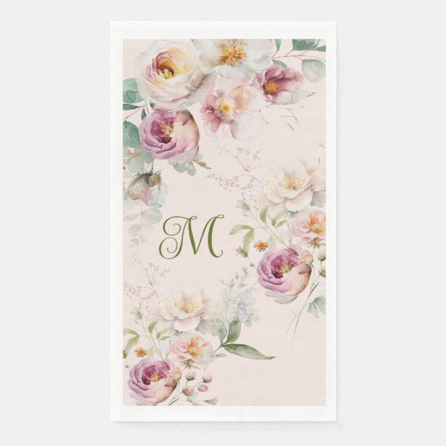 SERVIETTE EN PAPIER INITIALE MONOGRAMME FLEURALE ROSE AU POCHOIR (Devant)